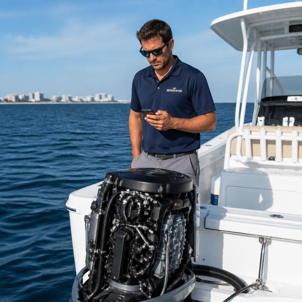 Boat owner with an outboard engine cover off, sending a WhatsApp message